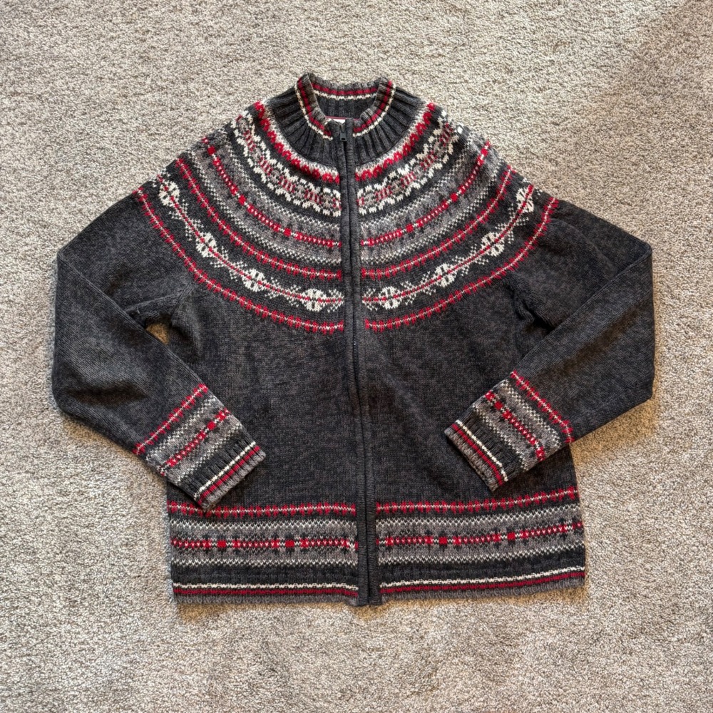 Tiara International Vintage Fair Isle Zip Up Cardigan Sweater Grey Red S
